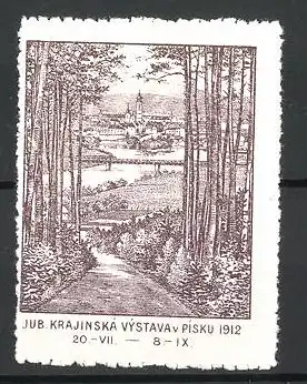 Reklamemarke Pisku, Jub. Krajinska Vystava 1912, Waldpartie mit Ortsblick