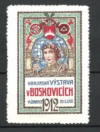 Reklamemarke Boskovice, Krajinska Vystava 1912, Göttin mit Hammer und Getreideähre