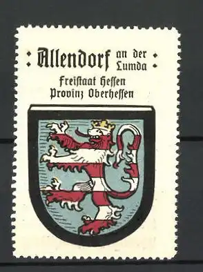 Reklamemarke Allendorf / Lumda, Freistaat Hessen, Provinz Oberhessen, Stadtwappen