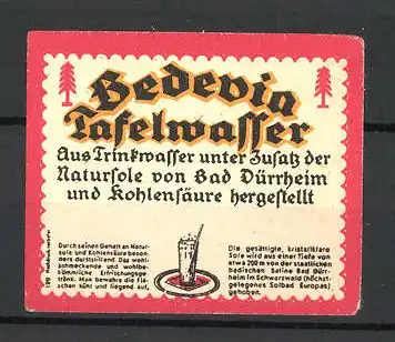 Reklamemarke Bedevia Tafelwasser, Trinkglas auf einem Tablett