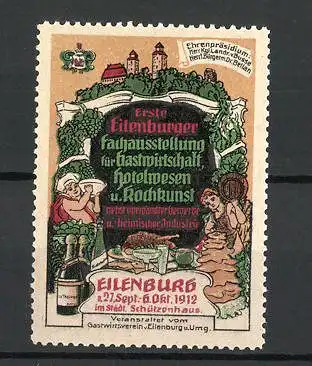 Reklamemarke Eilenburger Fachausstellung für Gastwirtschaft 1912, Koch und Wirt, Schlossansicht