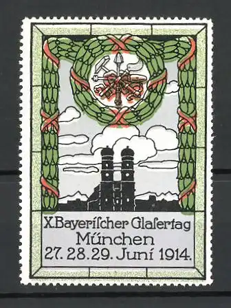 Reklamemarke München, X. Bayerischer Glasertag 1914, Kirche und Wappen