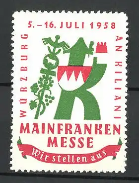 Reklamemarke Würzburg, Mainfranken Messe 1958, Messelogo mit Hermesstab