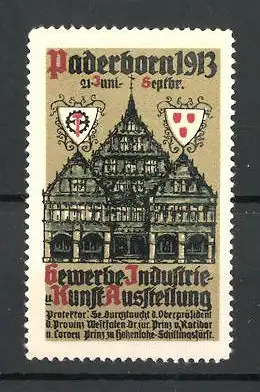 Reklamemarke Paderborn, Gewerbe und Industrie Ausstellung 1913, Gebäudeansicht und Wappen