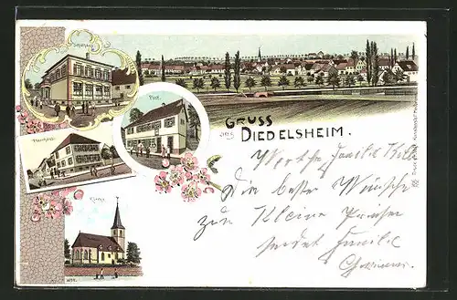 Lithographie Diedelsheim, Totalansicht, Schule, Post, Pfarrhaus, Kirche