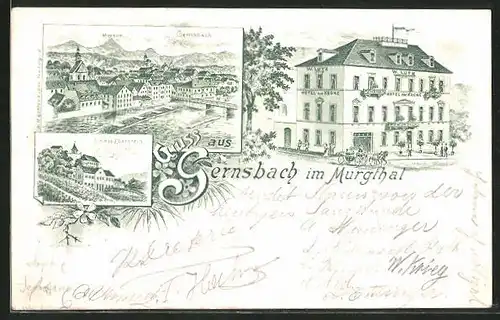 Lithographie Gernsbach i. Murgthal, Ortsansicht, Schloss Eberstein, Hotel zur Krone