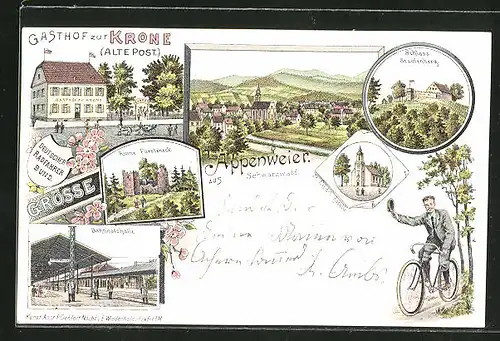 Lithographie Appenweier, Gasthof zur Krone, Schloss Staufenberg, Ruine Fürsteneck, Bahnhofshalle, St. Wende-Kapelle