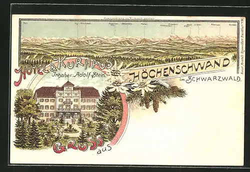 Lithographie Höchenschwand im Schwarzwald, Hotel & Kurhaus von Adolf Stein, Alpenpanorama vom Kurhaus gesehen