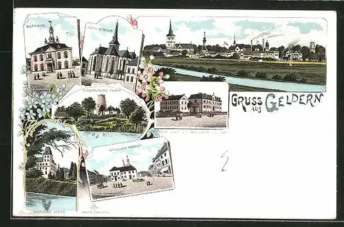 Lithographie Geldern, Rathaus, Kath. Kirche, Windmühlen-Turm, Pensionat d. Schwestern u. L. Frau, Grosser Markt