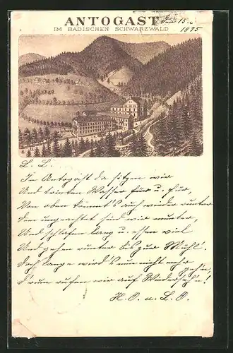 Vorläufer-Lithographie Antogast i. badischen Schwarzwald, 1895, Hotel inmitten einer lieblichen Hügellandschaft