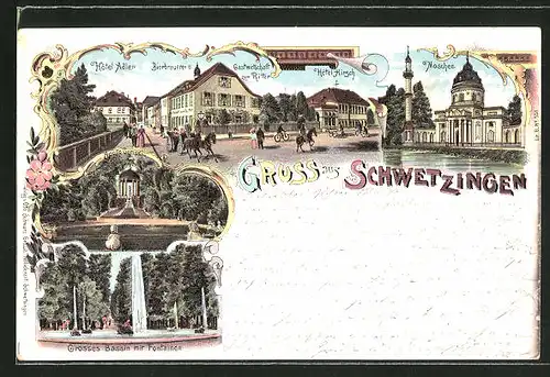Lithographie Schwetzingen, Hotel Adler, Bierbrauerei & Gastwirtschaft z. Ritter, Hotel Hirsch, Moschee, Grosses Bassin