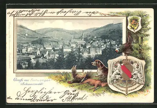 Präge-Passepartout-Lithographie Furtwangen i. Schwarzw., Blick auf die Stadt mit Wappen und toten Tieren am Wald