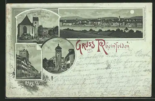 Mondschein-Lithographie Rheinfelden, Rathaus, Oberes Thor, Comthurei-Kirche mit Garten des Hotels Dietschy