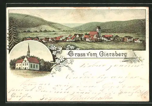 Lithographie Kirchzarten, Kirche, Ortsansicht mit Giersberg