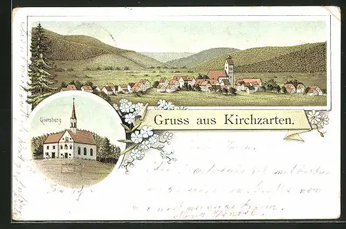 Lithographie Kirchzarten, Kirche auf dem Giersberg, Ortsansicht