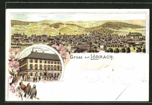 Lithographie Lörrach, Gasthaus zum Hirschen, Panoramablick auf die Stadt
