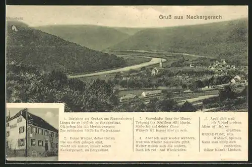 AK Neckargerach, Gasthof Krone-Post von Fr. Leitz, Ortsansicht mit Minneburg