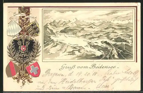 Präge-Passepartout-Lithographie Konstanz, Gesamtansicht vom Bodensee mit Gebirge und Wappen