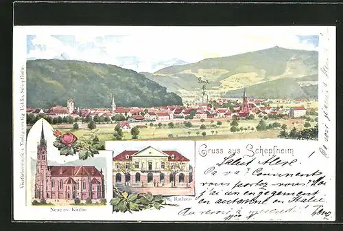 Lithographie Schopfheim, Totalansicht, Neue ev. Kirche, Rathaus
