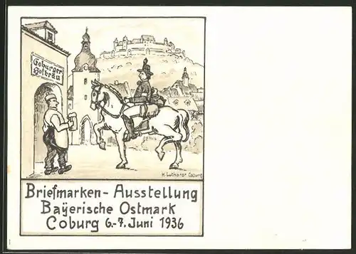 Künstler-AK Coburg, Briefmarken-Ausstellung Bayerische Ostmark 1936, Coburger Hofbräu