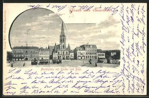 AK Saarlouis, Marktplatz mit Kirche und Post