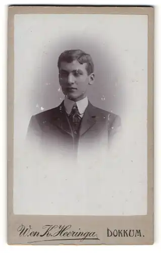 Fotografie W. & K. Heeringa, Dokkum, Portrait charmanter junger Mann mit Krawatte im Anzug