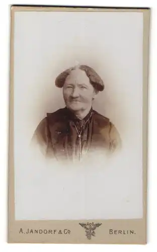 Fotografie A. Jandorf & Co., Berlin, Portrait greise Dame mit zeitgenöss. Frisur