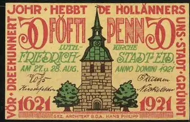 Notgeld Friedrichstadt 1921, 50 Pfennig, Lutherische Kirche, Giebelhäuser