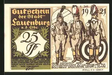 Notgeld Lauenburg 1921, 25 Pfennig, Kaufmannshaus & Knusperhäuschen, Scheibengucker beim Schützenfest