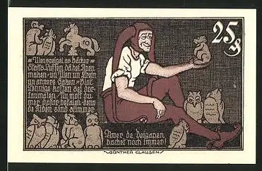 Notgeld Braunschweig 1921, 25 Pfennig, Till Eulenspiegel mit seinen Meerkatzen, Wappen