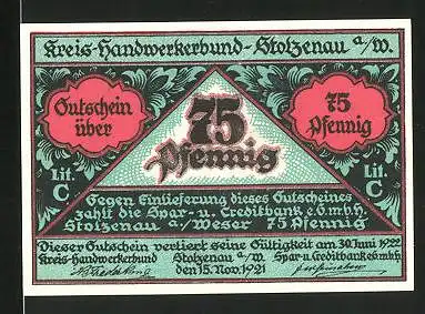 Notgeld Stolzenau 1921, 75 Pfennig, Tischler bei der Arbeit, Zunftwappen