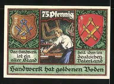 Notgeld Stolzenau 1921, 75 Pfennig, Tischler bei der Arbeit, Zunftwappen