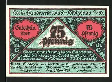 Notgeld Stolzenau 1921, 75 Pfennig, Kreis-Handwerkerbund, Handwerker fertigt Rad an, Zunftwappen