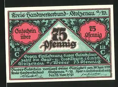 Notgeld Stolzenau 1921, 75 Pfennig, Eimermacher bei der Arbeit, Zunftwappen