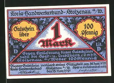 Notgeld Stolzenau an der Weser 1921, 1 Mark, Gildewappen und Zimmermann