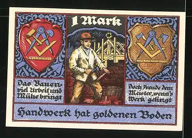 Notgeld Stolzenau an der Weser 1921, 1 Mark, Gildewappen und Zimmermann