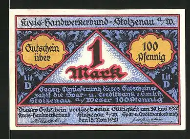 Notgeld Stolzenau an der Weser 1921, 1 Mark, Gildewappen und Bäcker