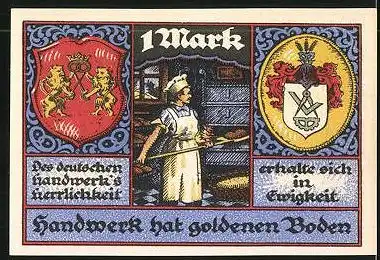 Notgeld Stolzenau an der Weser 1921, 1 Mark, Gildewappen und Bäcker