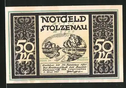 Notgeld Stolzenau 1921, 50 Pfennig, weinender Mann & Vers von Wilhelm Busch, Landschaftspanorama