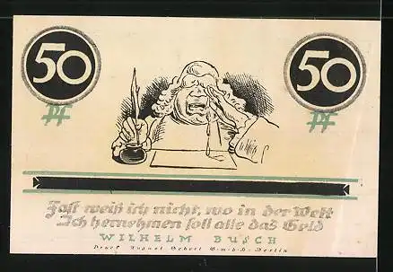 Notgeld Stolzenau 1921, 50 Pfennig, weinender Mann & Vers von Wilhelm Busch, Landschaftspanorama