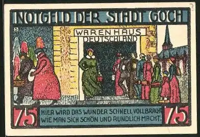 Notgeld Goch 1922, 75 Pfennig, Haus zu den fünf Ringen, Warenhaus Deutschland