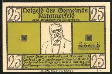 Notgeld Kummerfeld, 25 Pfennig, Fritz-Reuter-Porträt, "De Wett"-Gedicht von Fritz Reuter