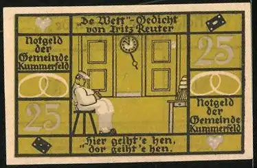 Notgeld Kummerfeld, 25 Pfennig, Fritz-Reuter-Porträt, "De Wett"-Gedicht von Fritz Reuter