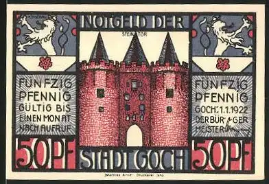 Notgeld Goch 1922, 50 Pfennig, Steintor, Schmuggler versteckt sich vor Zöllner