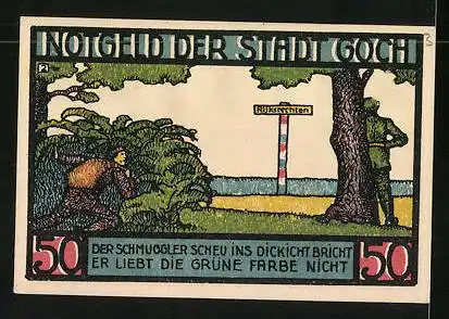 Notgeld Goch 1922, 50 Pfennig, Steintor, Schmuggler versteckt sich vor Zöllner
