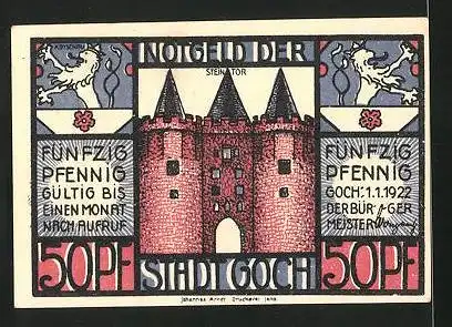 Notgeld Goch 1922, 50 Pfennig, Steintor, das Loch im Westen, Umgebungskarte