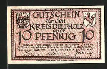 Notgeld Diepholz 1920, 10 Pfennig, Stadtwappen, Gänse