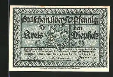 Notgeld Diepholz 1920, 50 Pfennig, Stadtwappen, Schloss-Motiv