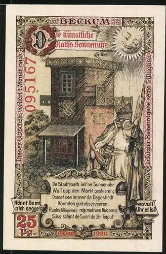 Notgeld Beckum 1920, 25 Pfennig, Stadtwappen, die künstliche Raths-Sonnenuhr