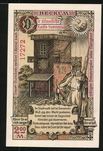 Notgeld Beckum 1920, 2 Mark, Stadtwappen und Ortsmotiv, Raths Sonnenuhr